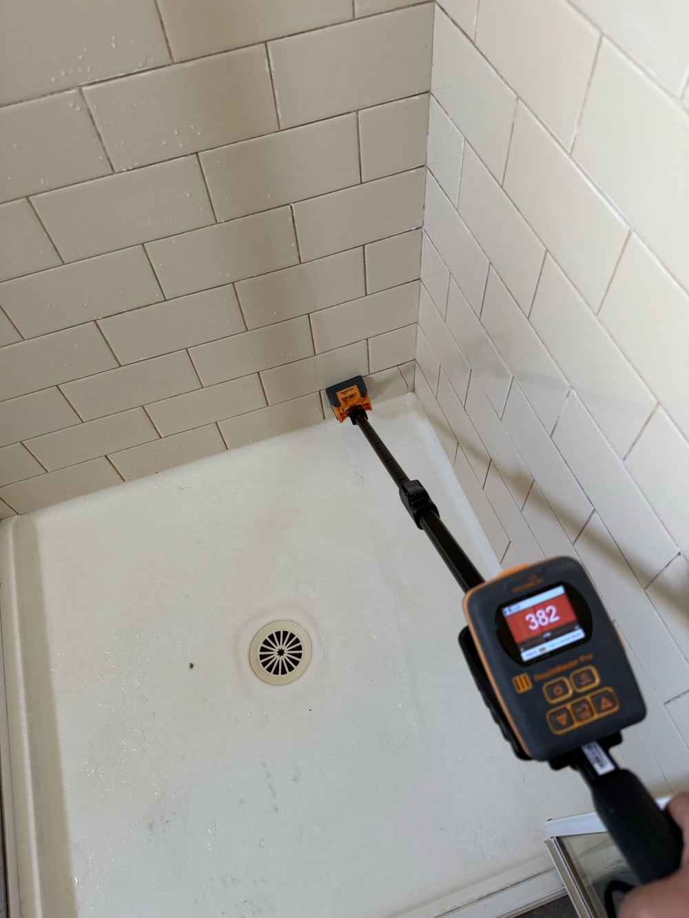 Raised moisture readings under the shower tiles, found during a pre-purchase inspection in Newport
